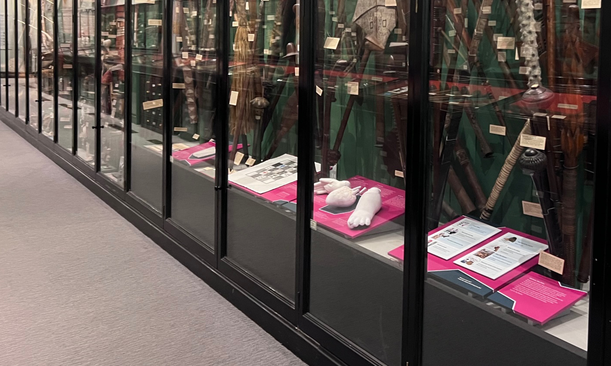 View of a long wall case full of clubs with a series of bright pink graphics in the lower part of the display