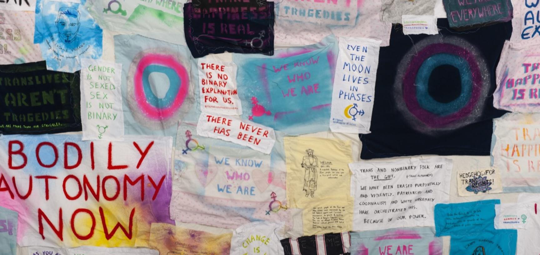 Large bed sheet with hand-printed, painted and drawn protest slogans attached, saying things like ‘trans happiness is real’ and ‘bodily autonomy now’.