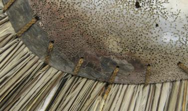 Detail of pearlshell and tropicbird feathers (1886.1.1673.3.1)