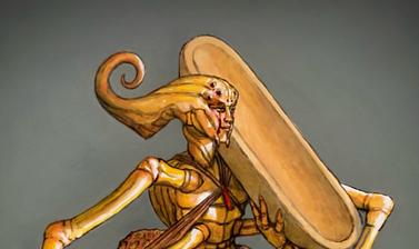 Illustration of a humanoid arachnid figure with four legs and four arms, two of which hold stone found pounders, with the other two supporting a long trough hoisted on their shoulder.