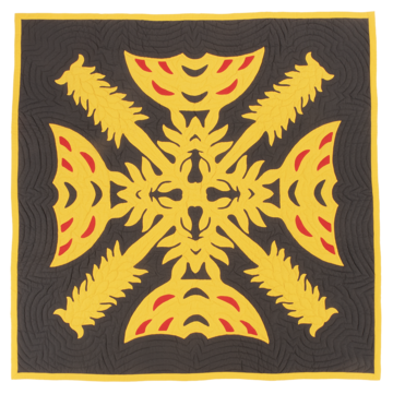 Nā Mea Aliʻi Wahine PRM 2022.57.15 Black quilt appliqued with yellow and red fabric to depict a repeating pattern featuring a Hawaiian feather cloak design